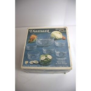 Arcoroc Diamant Tempered Glass Salad Bowl Set 1 Large 6 Small Serving Bowls